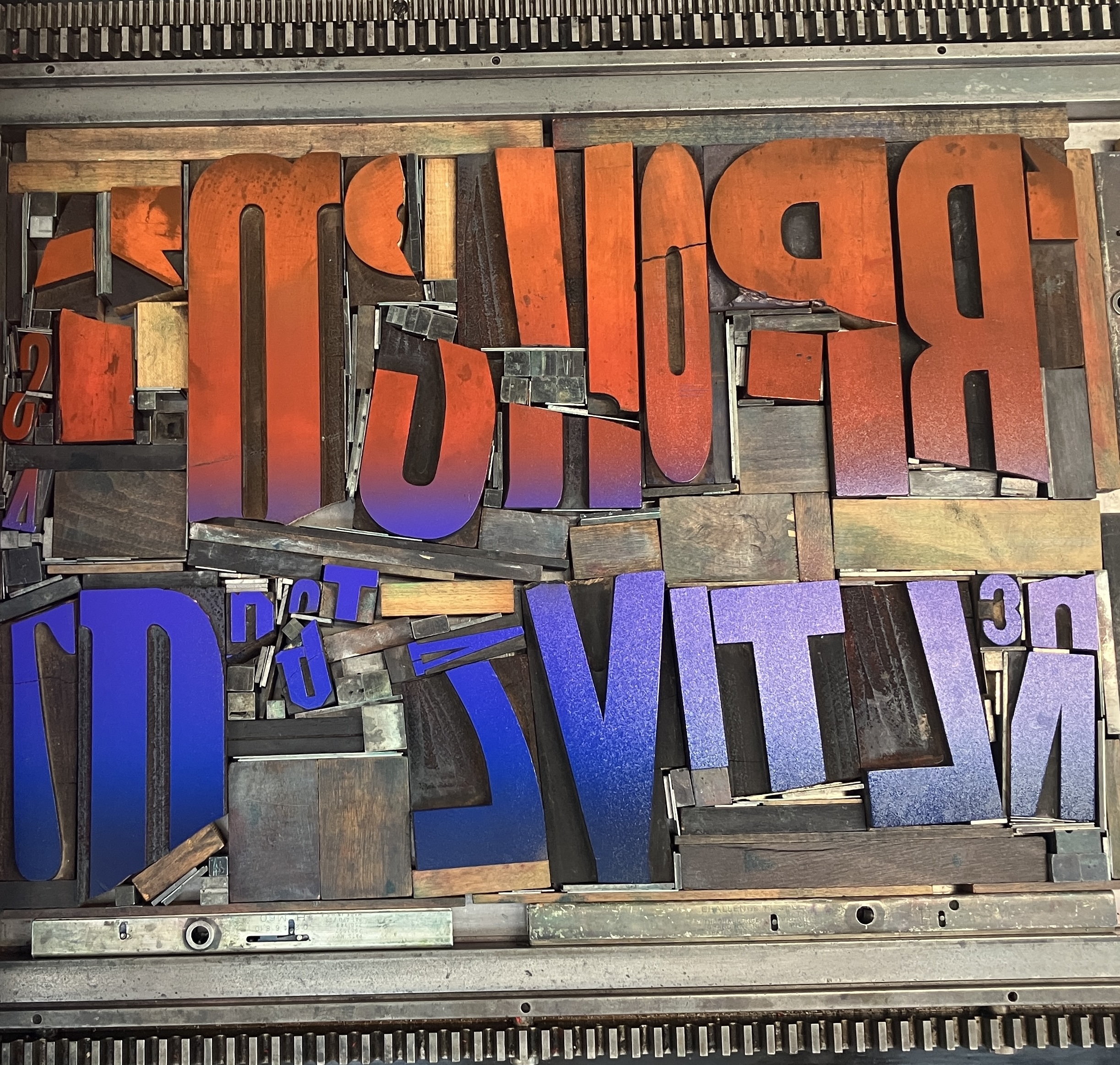 Broken wood type with colorful gradient block print