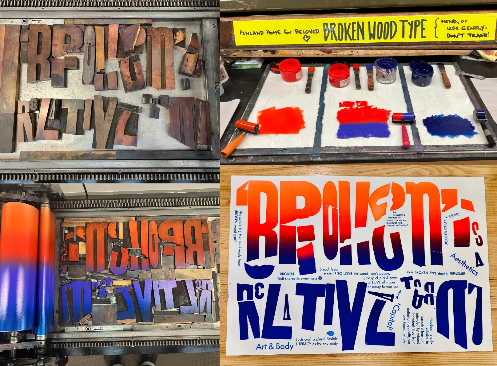 Grid of broken wood type series prints