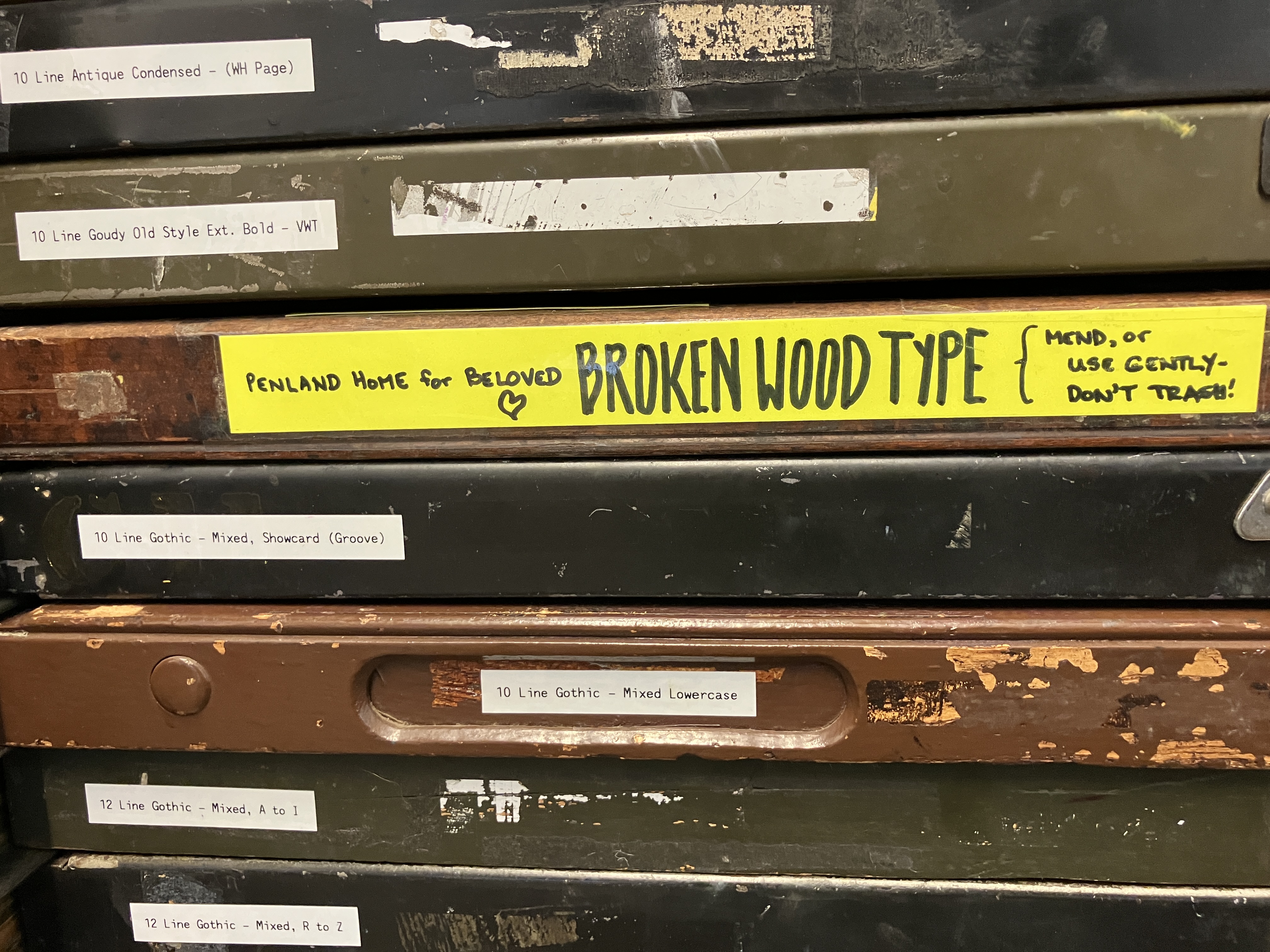 Organized broken type in case