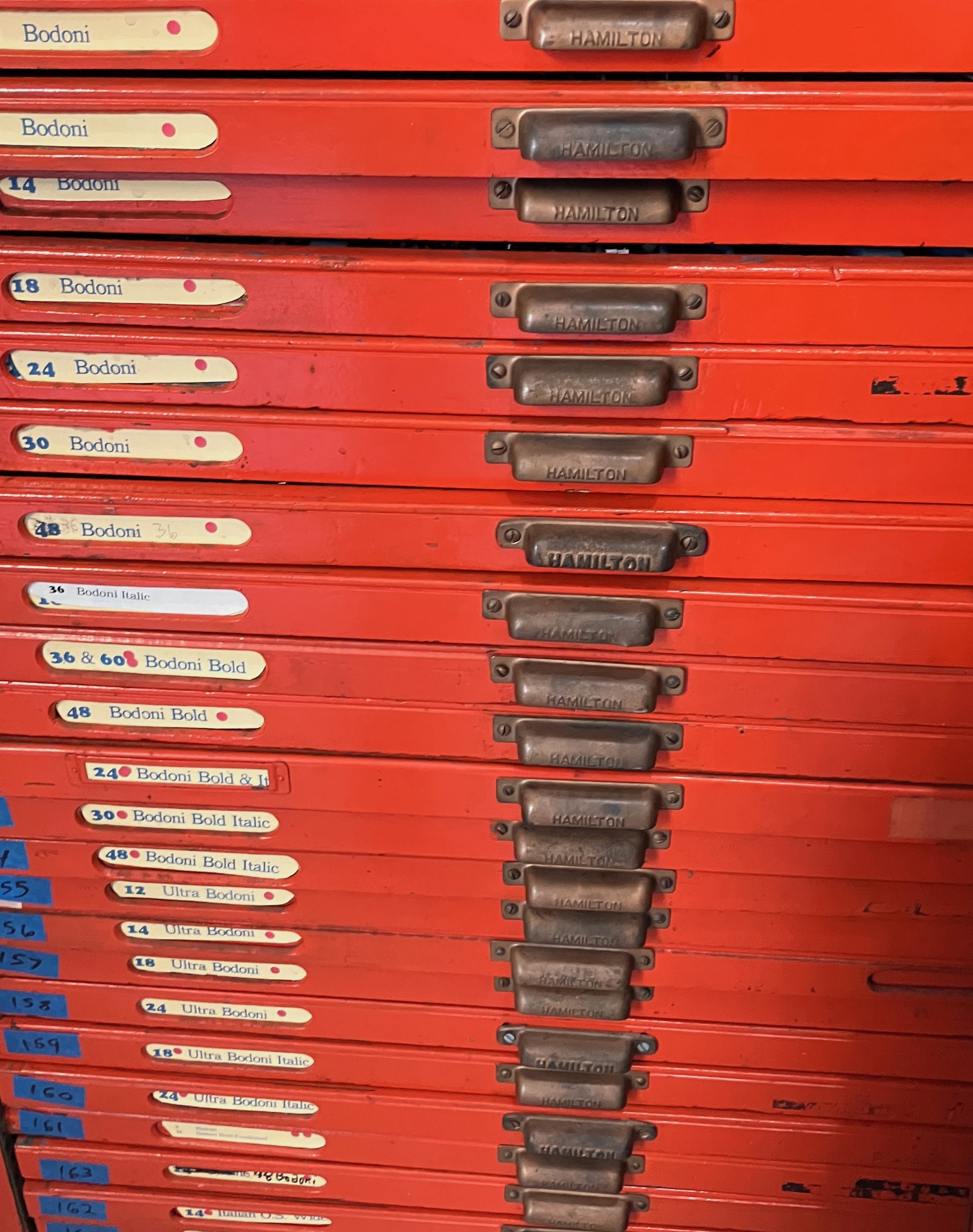 Red Bodoni type specimen from Virginia Book Arts collection